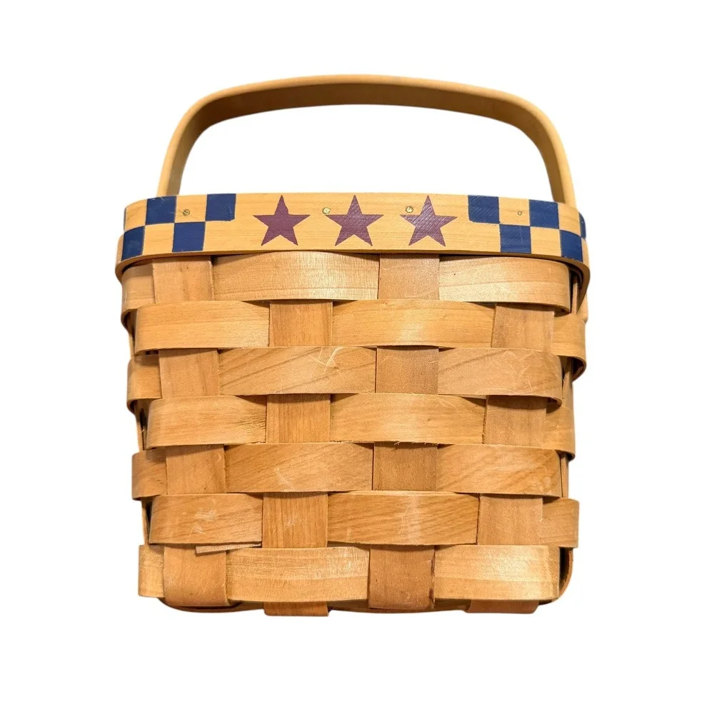 Americana Woven Wood Basket Stars Checkerboard Primitive Country Decor 8in